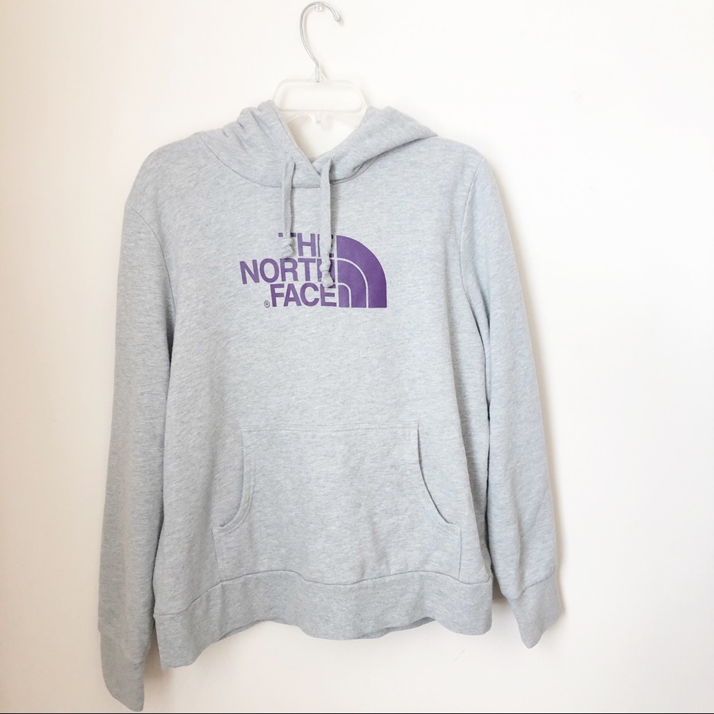 The North Face Women's Light Gray Hoodie with Purple Logo
